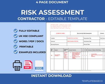 Contractor Risk Assessment Template | Editable Word Safety Document | Workplace Health & Safety Form | Instant Download