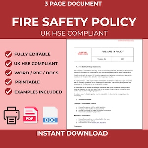 Plantilla de política de seguridad contra incendios del Reino Unido / Cumple con la normativa HSE, documento de Word editable (descarga instantánea)