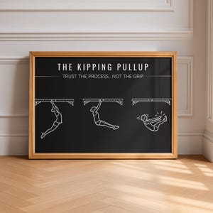 Puede incluir: Un póster enmarcado con fondo negro y marco dorado. El póster presenta dibujos lineales blancos que ilustran la técnica de dominadas kipping. El texto en la parte superior dice "THE KIPPING PULLUP" y "TRUST THE PROCESS... NOT THE GRIP".