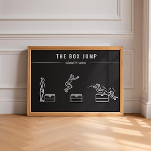 Puede incluir: Un póster enmarcado con fondo negro y el texto "THE BOX JUMP GRAVITY WINS" en blanco. El póster presenta figuras de palo que demuestran un salto de caja, con la figura final cayendo. El marco es de color marrón claro.
