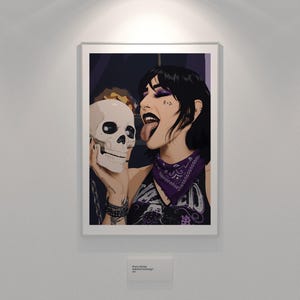 May include: Framed art print featuring a stylized illustration of a person with black hair and purple eye makeup, holding a white skull. The person is wearing a purple bandana and has tattoos. The artwork is displayed on a white wall.
