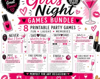 Pacchetto di giochi per una serata tra ragazze, giochi stampabili per una serata tra ragazze, giochi per addio al nubilato, giochi per viaggi tra ragazze, giochi per feste femminili, giochi per pigiama party in formato PDF