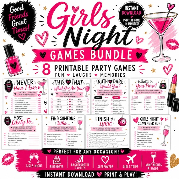 Girls Night Games Bundle, Printable Girls Night Games, Bachelorette Game, Girls Trip Games, Party Games Women, Sleepover Games PDF