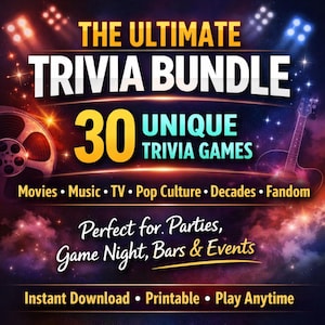 May include: A promotional graphic for a trivia bundle. The text reads "THE ULTIMATE TRIVIA BUNDLE" with "30 UNIQUE TRIVIA GAMES." Categories include Movies, Music, TV, Pop Culture, Decades, and Fandom. The graphic also mentions parties, game nights, bars, and events.