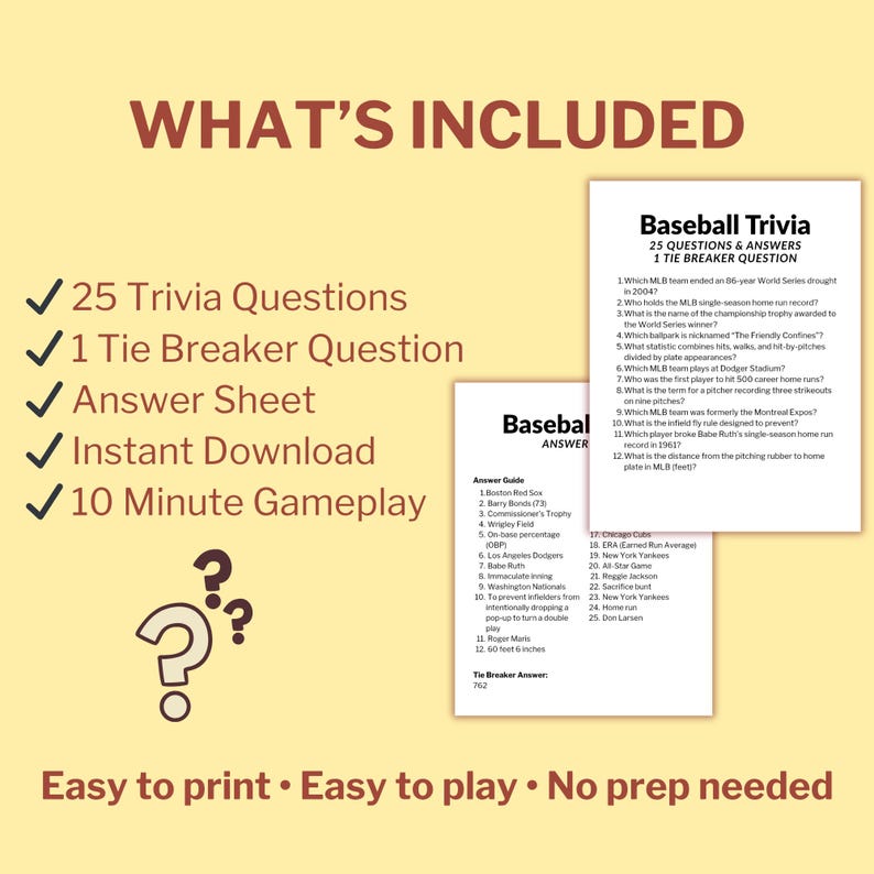 Baseball Trivia Game Printable, MLB Trivia Questions, Sports Bar Trivia ...