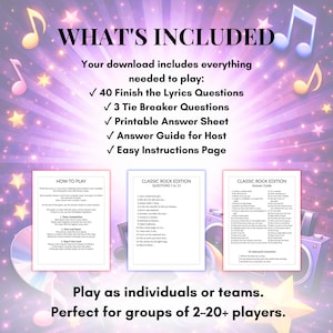 Classic Rock Finish Lyrics Game | Music Trivia Party Printable (Instant Download) image 2