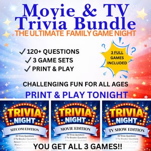 Può includere: Una grafica colorata che promuove un Movie & TV Trivia Bundle per serate di giochi in famiglia. Il bundle include oltre 120 domande, 3 set di giochi ed è stampabile e giocabile. L'immagine presenta tre edizioni di gioco.