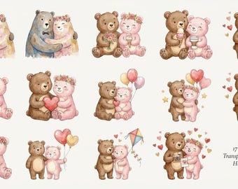 Valentine Bear Clipart Watercolor PNG Set, Teddy Bear Couples, Romantic ...