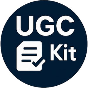 May include: A navy blue circular graphic with the white text "UGC Kit". Below the text is a white icon of a document with a checkmark. The graphic is a simple, clean design.