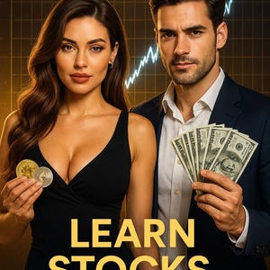 Könnte beinhalten: Bild zur Förderung der Finanzbildung. Der Text "S&P 500" steht oben. Eine Frau hält Münzen, ein Mann hält Bargeld. Die Worte "LEARN STOCKS & CRYPTO" stehen unten. Im Hintergrund befindet sich ein Diagramm.