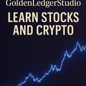May include: Dark blue graphic with the text "GoldenLedgerStudio LEARN STOCKS AND CRYPTO." A blue line graph ascends across the bottom of the image, suggesting financial growth. The background is a dark blue.