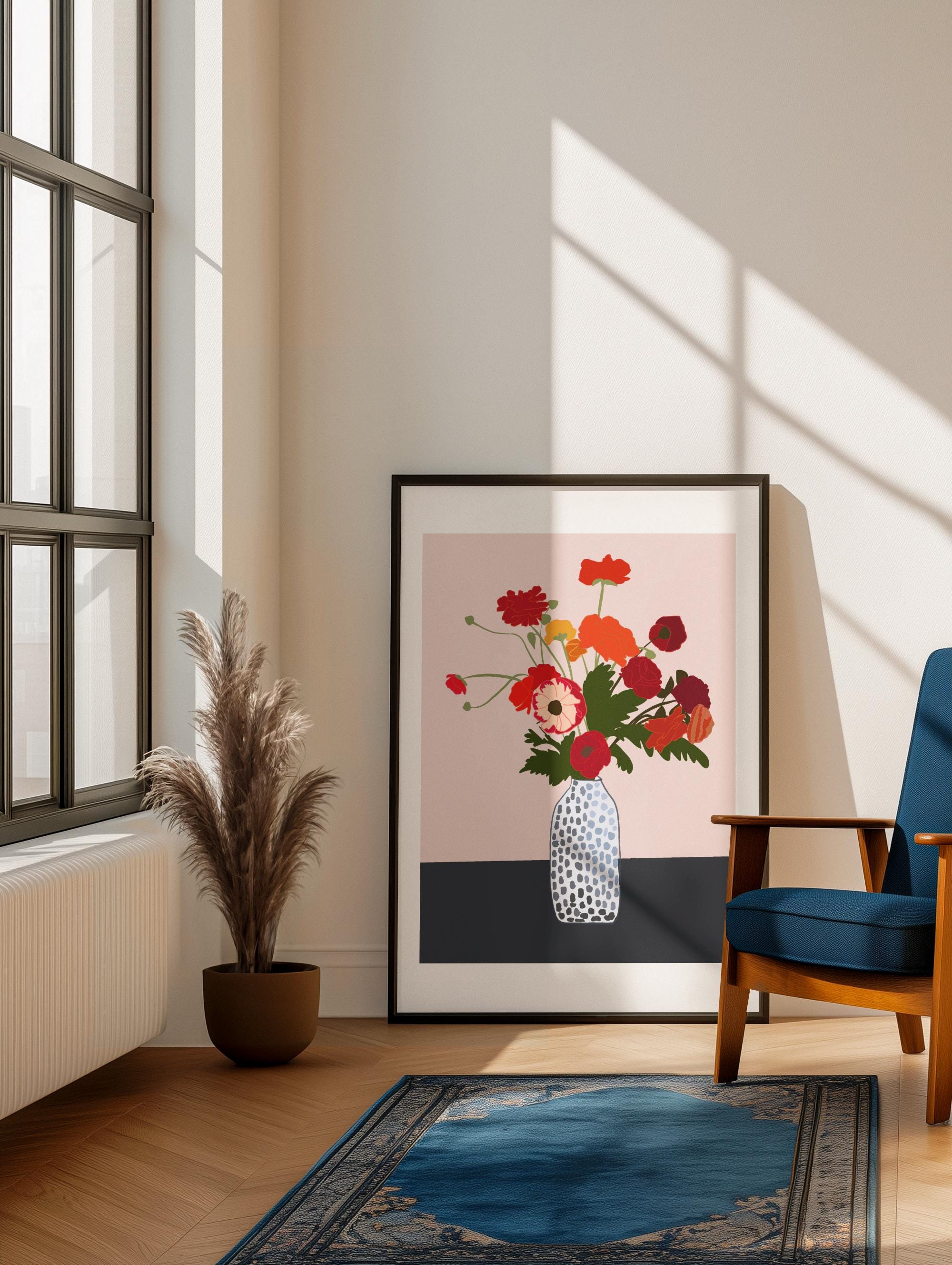 Floral Vase Print | Bright Colored Botanical Wall Art | Minimalist ...