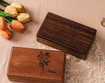 Custom Birth Flower Jewelry Box, Personalized Wooden Keepsake with Name, Valentine’s & Christmas Gift for Mom
