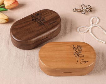 Personalized Birth Flower Wooden Jewelry Box, Custom Engraved Name Keepsake, Bridesmaid & Bridal Party Gift, Birthday Anniversary