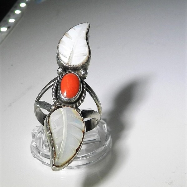 Vintage Native American Signed Sterling Silver Coral &  MOP Ring -  Signed  Angel H  sz 8