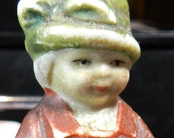 Antique German Bisque Girl Figurine Red Dress Green Hat 1930s