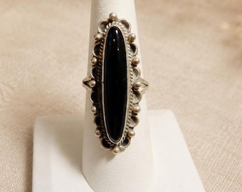 Vintage Onyx Ring Sterling Silver Size 8 Long Black Stone