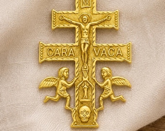Vintage 14K Caravaca Cross Pendant Catholic Amulet Spanish Double Cross Gold