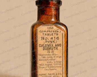May include: Vintage amber glass medicine bottle with a cork stopper. The label reads "100 Compressed Tablets No. 416 (Pink) Calomel and Bismuth R B." The bottle is from Parke, Davis & Co., Detroit, Mich., U.S.A.