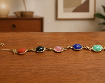 Vintage Goldtone Glass Scarab Bracelet with Safety Chain