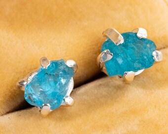 Rough Blue Apatite Earrings  Sterling Silver Studs  1 pr