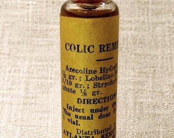 Vintage Apothecary Bottle Colic Remedy – Clear Glass – All Original – 3.25”
