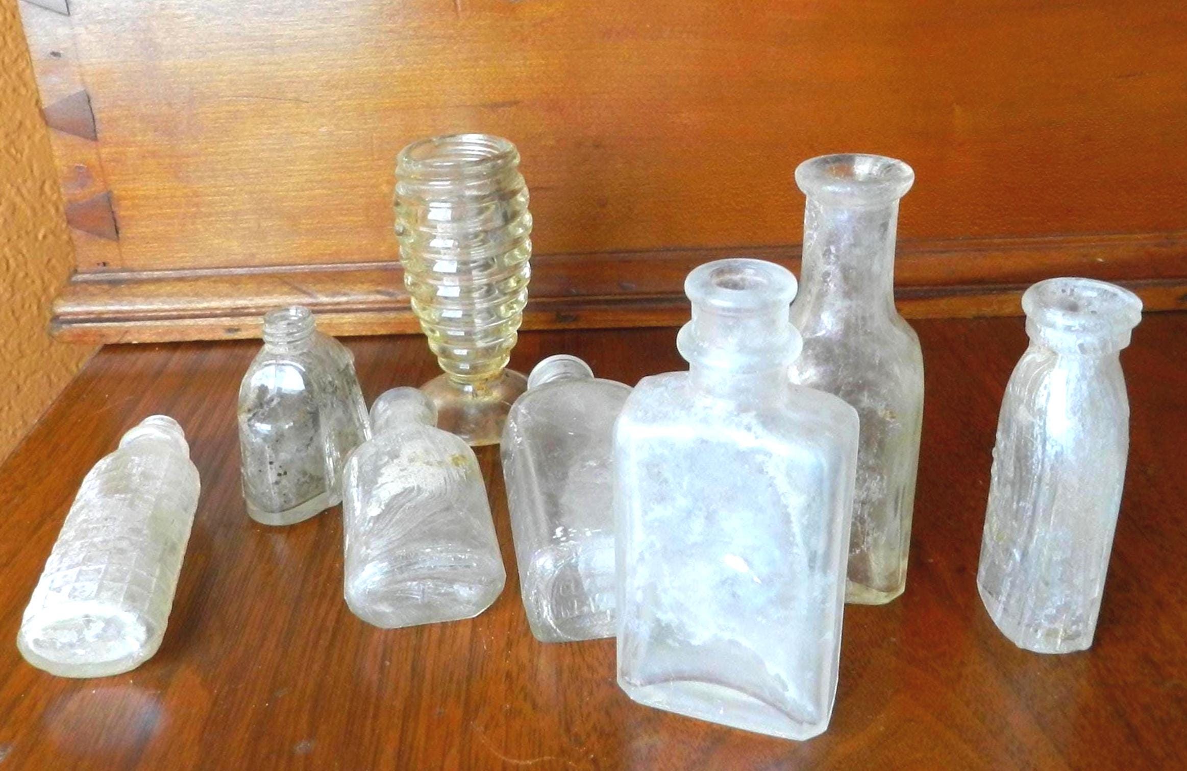 8 Antique Bottles - Small  - Hand Dug Oxidized - Opalized - Sun Tinted- Lady Clairol -Hazel Atlas