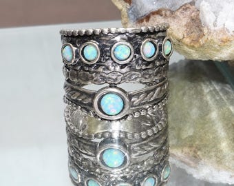 Vintage Israel 925 Genuine Opal Multi Row Band Ring Size 6.5–7