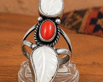 Vintage Sterling Mother of Pearl Coral Ring Signed ANGELA  sz 8