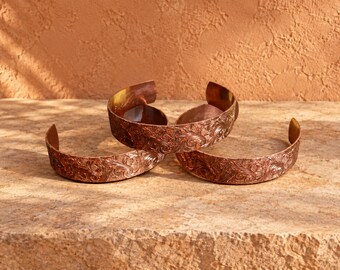 1 Vintage Copper Cuff Bracelet with Floral Scroll Design Handmade