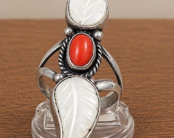 Vintage Sterling Mother of Pearl Coral Ring Signed ANGELA  sz 8