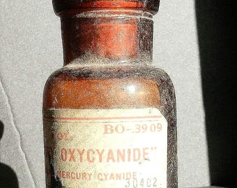 Authentic Antique Medicine Bottle  - Amber Glass-  Oxycyanide - Empty Bottle