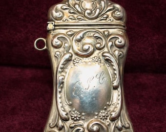 Antique Sterling Silver Match Safe Vesta  Ornate Repossse 2.54"  Case