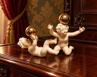 Antique German Bisque Piano Baby Figurines - Pair - Gold Balls - ca 1900