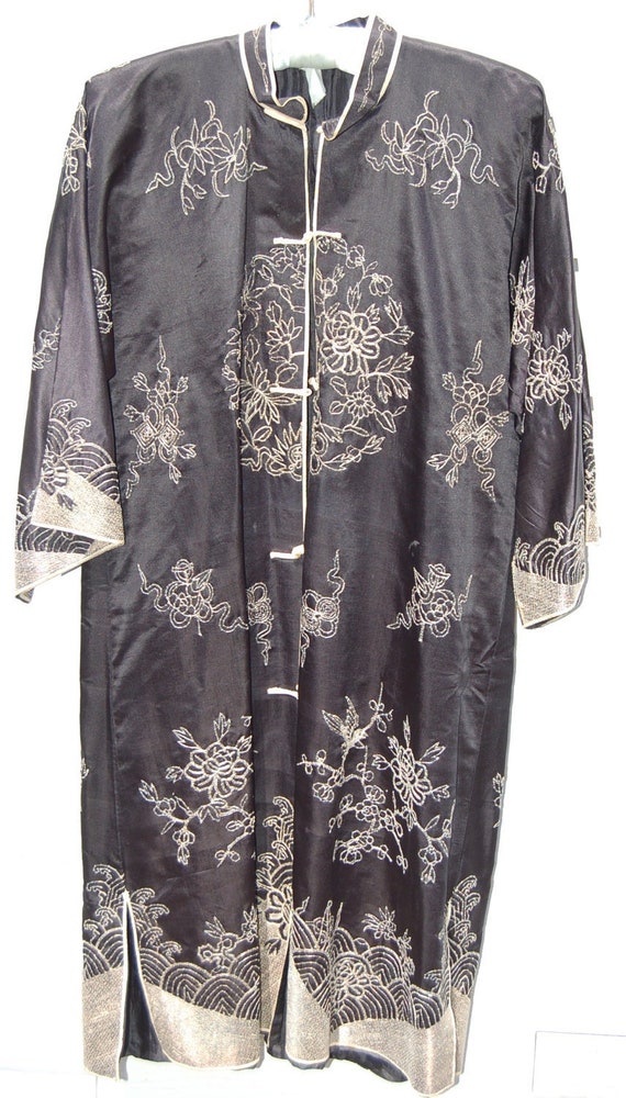 Antique Chinese Black Silk And Silver Embroidered Long Jacket Etsy