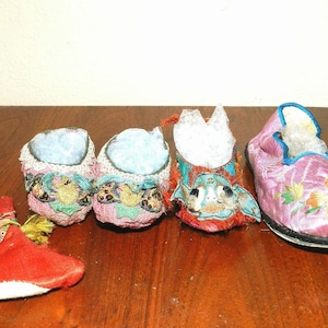 Antique Embroidered Childs Cloth Chinese Shoes One Pair  & 3 Singles