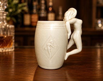 Vintage Japan Nude Figure Ceramic Mug Crackle Glaze Sculptural Handle