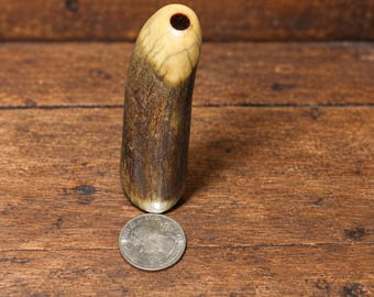 May include: A cylindrical, slightly curved object with a smooth, cream-colored top section featuring a small circular hole and a textured, dark brown, weathered lower body, positioned next to a standard United States quarter coin for scale.