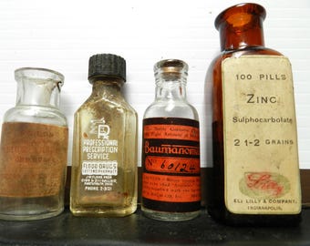 4 Antique Medicine Empty Bottles - Collection-  Authentic  - Labels