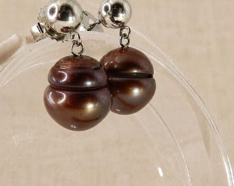 Vintage Honora Brown Pearl Drop Earrings, Stainless Steel