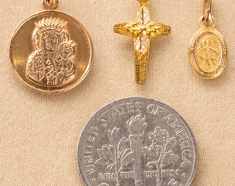 Vintage K Gold Religious Charms – Mixed Karat, Black Hills Style Cross, St. Christopher