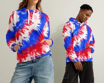 Felpa con cappuccio patriottica tie-dye, maglione con cappuccio rosso, bianco e blu per il 4 luglio, maglia in cotone per il giorno dell'indipendenza