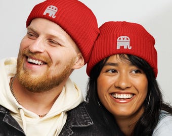 Red Republican Beanie Embroidered GOP Elephant Fisherman Beanie Gifts for Republicans