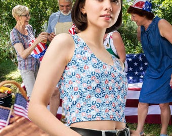 Patriotic Sleeveless Crop Top Women's Red White and Blue Cropped Shirt for Independence Day July 4th