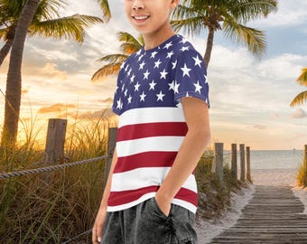 Youth American Flag Shirt Kids Patriotic Cotton T-shirt for July 4th Red White and Blue Children's Tee for Independence Day