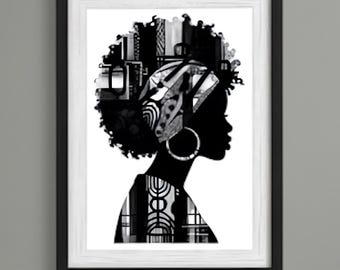 Afroamerikanische Frau Kunstdruck | Schwarz Weiß Abstrakt Digital Download | Moderne Afro-zentrische Wanddekoration | Druckbares Frauenportrait