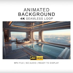 Puede incluir: Un fondo animado en bucle 4K sin costuras, archivo MP4, que muestra un interior lujoso con suelo de mármol, una zona de estar circular y una piscina interior rectangular. Grandes ventanas dan a un mar de nubes al atardecer. Texto 4K HDR.