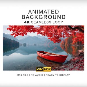 Può includere: Un file MP4 di sfondo animato in loop 4K senza audio. L'immagine mostra una barca rossa sulla riva di un lago calmo con alberi autunnali rosso vivo, montagne in lontananza e il testo 4K HDR visualizzato al centro in basso.