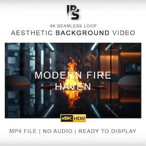Puede incluir: Vídeo de fondo estético con una escena de fuego moderna. El vídeo presenta una llama naranja brillante en un entorno oscuro, con el texto "MODERN FIRE HAVEN". El vídeo es 4K HDR y es un archivo MP4, listo para mostrarse.