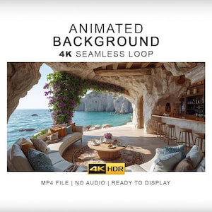 Può includere: Un file MP4 di sfondo animato in loop continuo 4K che mostra un salotto in una grotta costiera con un divano bianco curvo, un tavolino in legno e sgabelli da bar affacciati sul mare. Include bouganville viola e il testo 4K HDR.